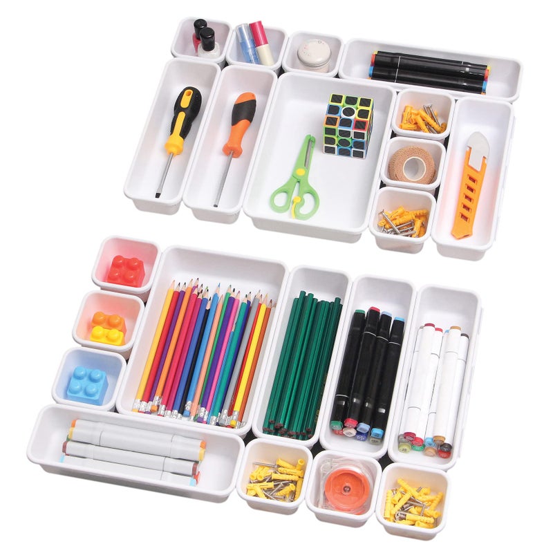 TENABORT Set of 22 Interlocking Desk Drawer Organizer Tray Dividers Plastic Shallow Narrow Drawers Organizers Separators Storage Bins Container for Kitchen Bathroom Makeup Office Vanity Bedroom Dresser White - Image 1